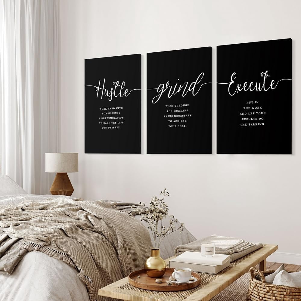Canvas Painting Wall Art, Grind Hustle Execution Motivational Wall Art Decoration Posters Prints for Living Room Bedroom Office Decor Gallery Wrapped Canvas Art Set Framed Ready to Hang 12"X16"