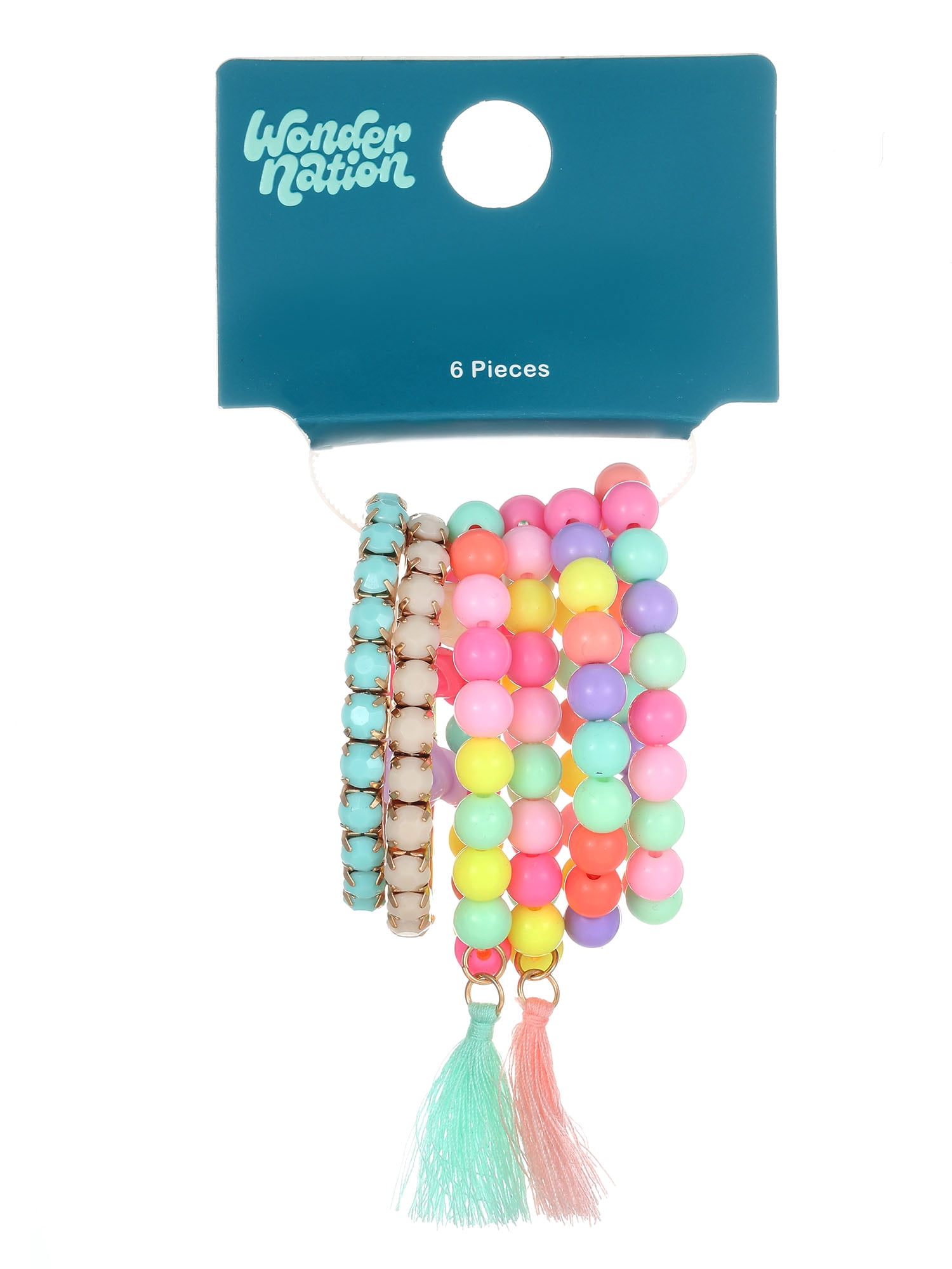 Wonder Nation Charm & Tassel Stretch Bracelets, Multi-Color Pastel, 6 Pieces