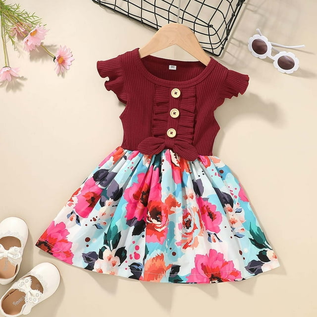 Weiqiqre Robe pour Tout-Petites Filles, Robe d'Été pour Tout-Petits Enfants Bébés Filles à Volants Sans Manches avec Coutures Robe à Fleurs
