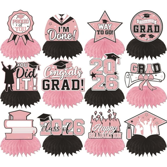 Grad Party Decorations 2026, Pink Black Party Decorations, Paper Honeycomb Graduation Centerpieces, Classof2026 Graduation, Party Table, 12 Pcs
