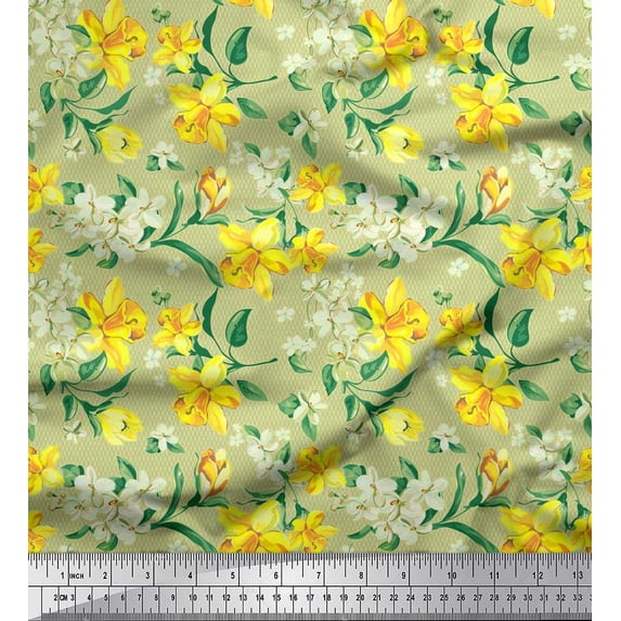 Soimoi Rayon Fabric Ogee Damask,Plumeria & Daffodil Floral Printed Fabric 1 Yard 42 Inch Wide