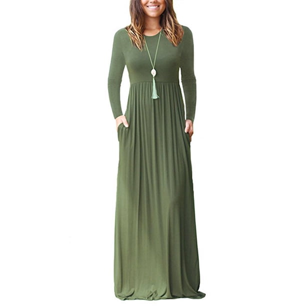 Vestido De Manga Larga Vestido De Cuello Redondo Vestido De Bolsillos Laterales Vestido De Manga Larga De Cuello Redondo De Mujer Vestidos Largos Lisos Sueltos Bolsillos Laterales ANGGREK Otros