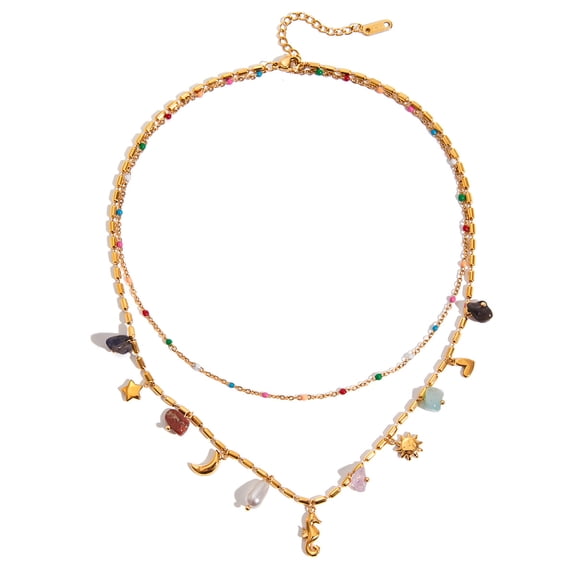 Sunyuer Bohemian Multi-Layer Charm Necklace - Colorful Beaded & Gemstone Pendant Accessory for Women