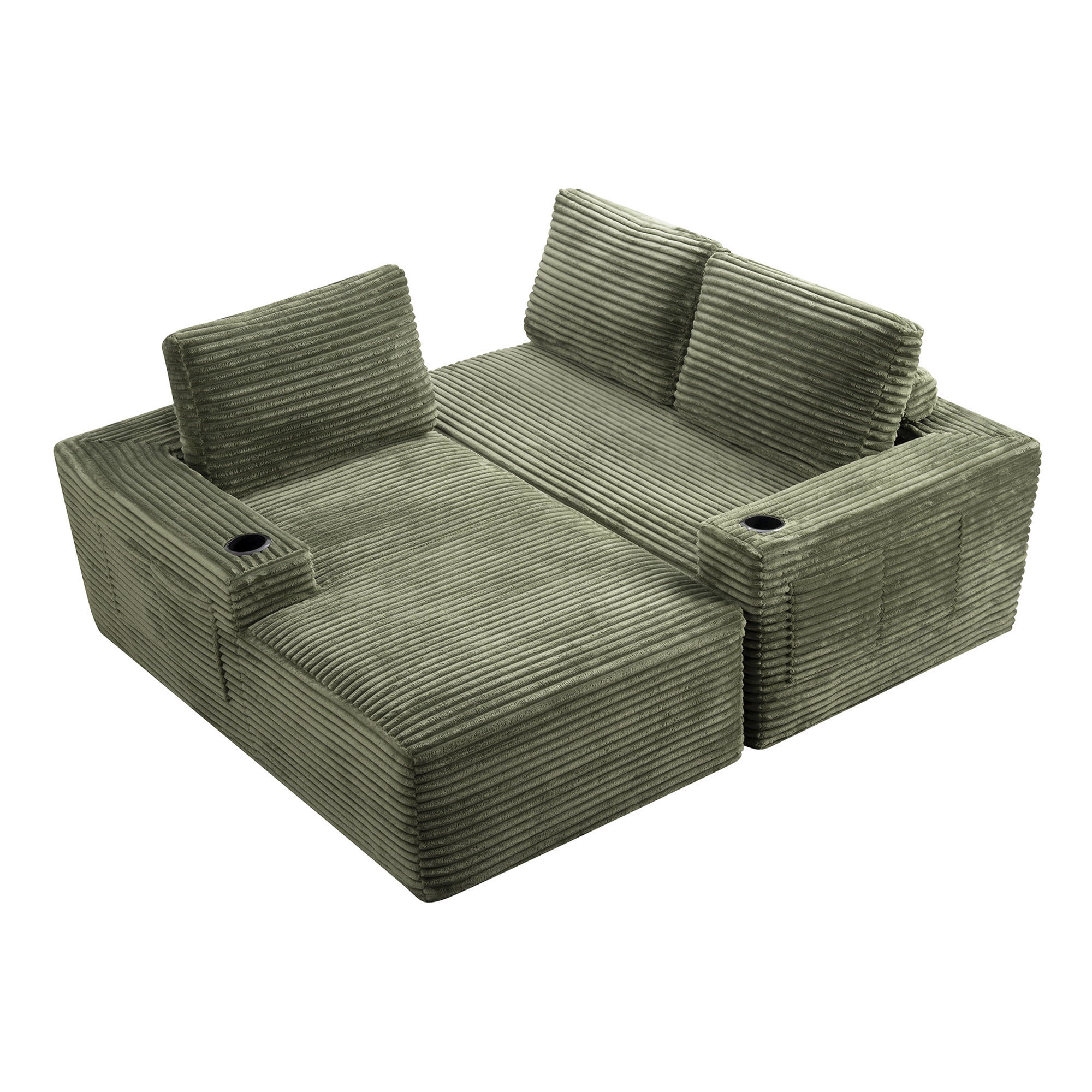 L-Shape Cloud Couch Cup Holders, Modular 104" Cloud Sectional Sofa Corduroy Boneless Sofa Couch with Chaise for Living Room, Green