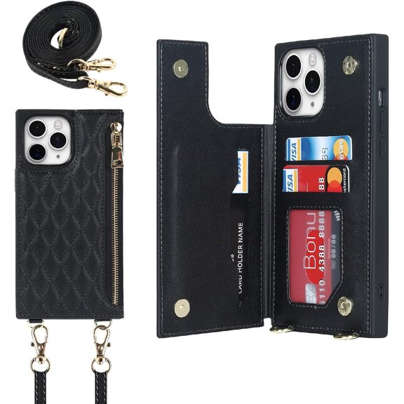 Crossbody Phone Case for iPhone 11 Pro Max with Card Holder Slot,iPhone 11 Pro Max Magnetic Purse Case with Lanyard Strap for Women Men,PU Leather Zipper Lattice Pattern Case 6.5 Inch (Black)