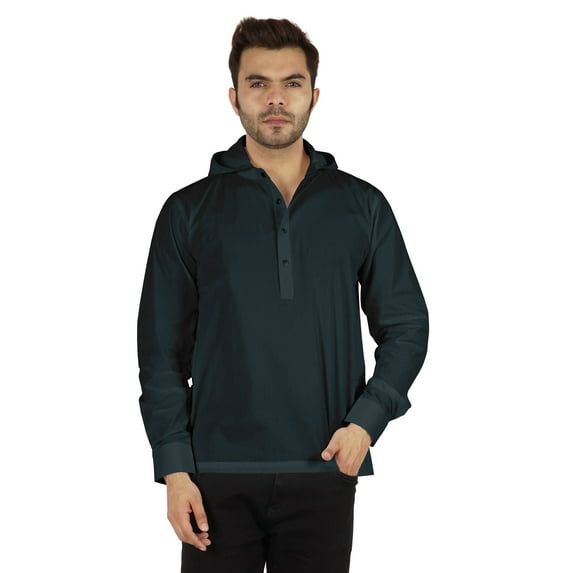 Inkmeso Solid Henley Hooded Short Kurta For MensLong Sleeve Cotton T-shirt Regular Fit Summer Wear