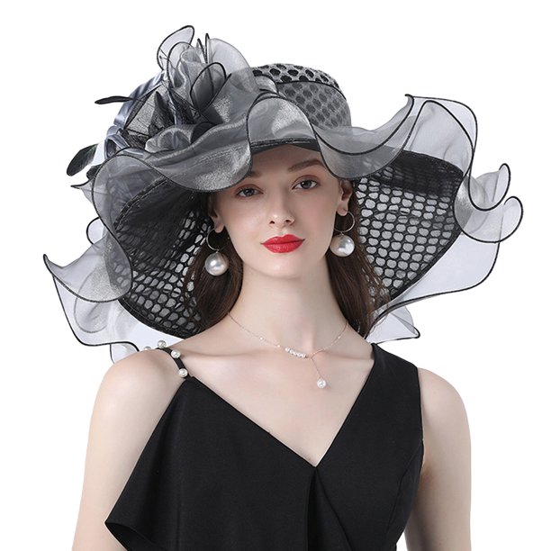 Txlixc Sombrero de mujer elegante tela de malla plegada con flores adornadas con cornisa ancha Txlixc moda