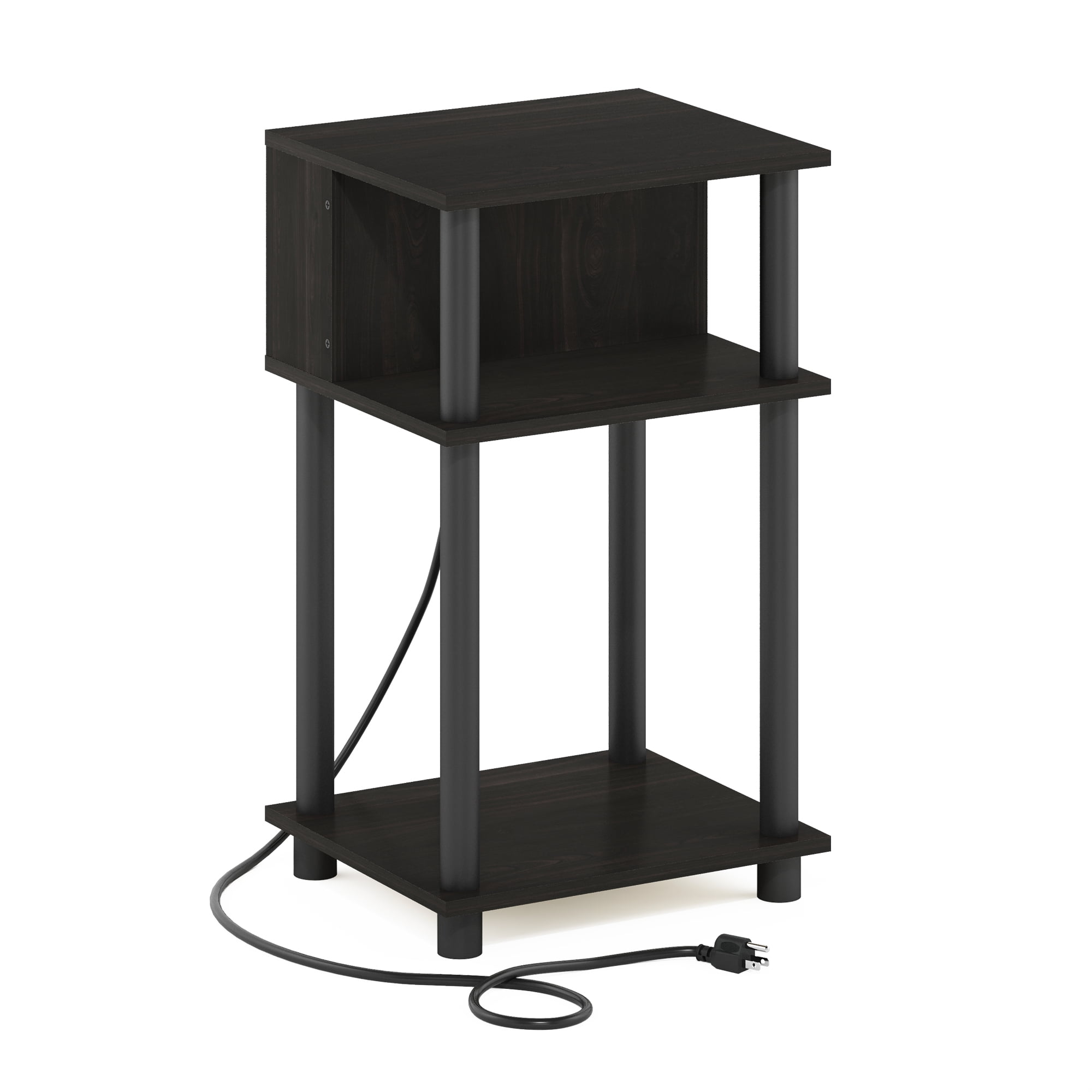 Furinno Just Side Table, 3-Tier End Table with Charging Station, Open Shelf Night Stand, Bedside Table with USB and Type-C Charging Port, for Living Room, Bedroom, Black Espresso