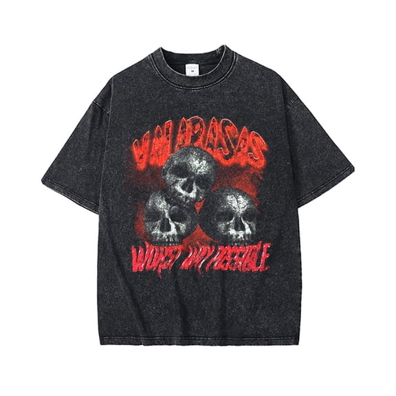 2025 New Summer Old Skull Print Short-sleeved Men's Street Fashionable Washed T-shirt