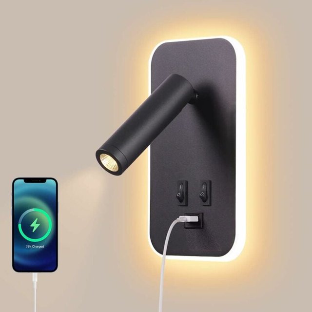 Lámpara de pared LED, lámpara de lectura para mesita de noche con interruptor, puerto de carga USB, lámpara de ambiente de dormitorio con punto ajustable (13W 3000k) negro
