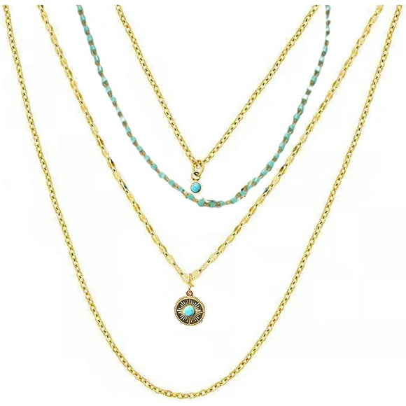 HAHDAXIA 4 Pcs Layered Turquoise Necklaces for Women Boho Necklace Multilayer Chain Necklace Turquoise Pendant Necklace for Women Girls Lady Gifts