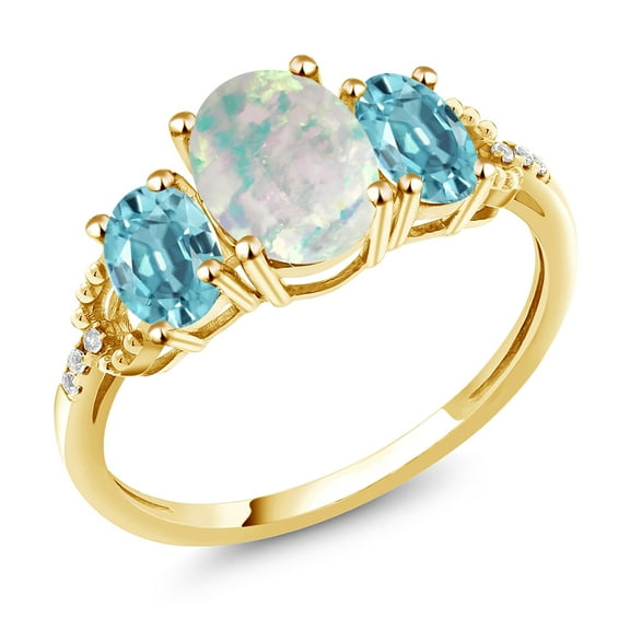 Gem Stone King 2.34 Cttw 10K Yellow Gold Oval Cabochon White Simulated Opal Blue Zircon and Diamond Accent 3-Stone Ring | Three Stone Wedding Anniversary Promise Ring for Women (Size 9)