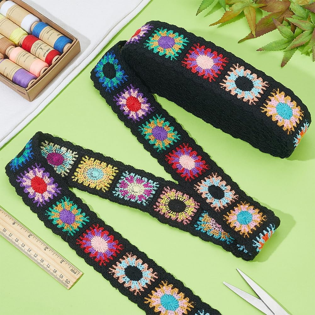 10 Yards Crochet Flower Webbing Strap 2 Inch Black Ethnic Style Webbing Ribbon Polyester Flower Pattern Woven Trim Jacquard Embroidery Webb Straps