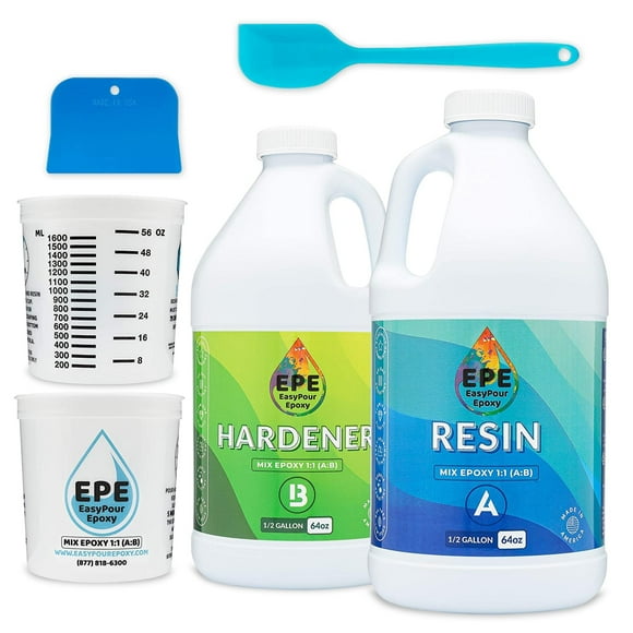 EPE EasyPour Epoxy 1 Gallon Kit - Crystal Clear High Gloss Resin and Hardener, 2 Mixing Cups, Silicone Spatula, Plastic Spreader - Wood Tabletops, Epoxy Countertop Resin, Epoxy Casting