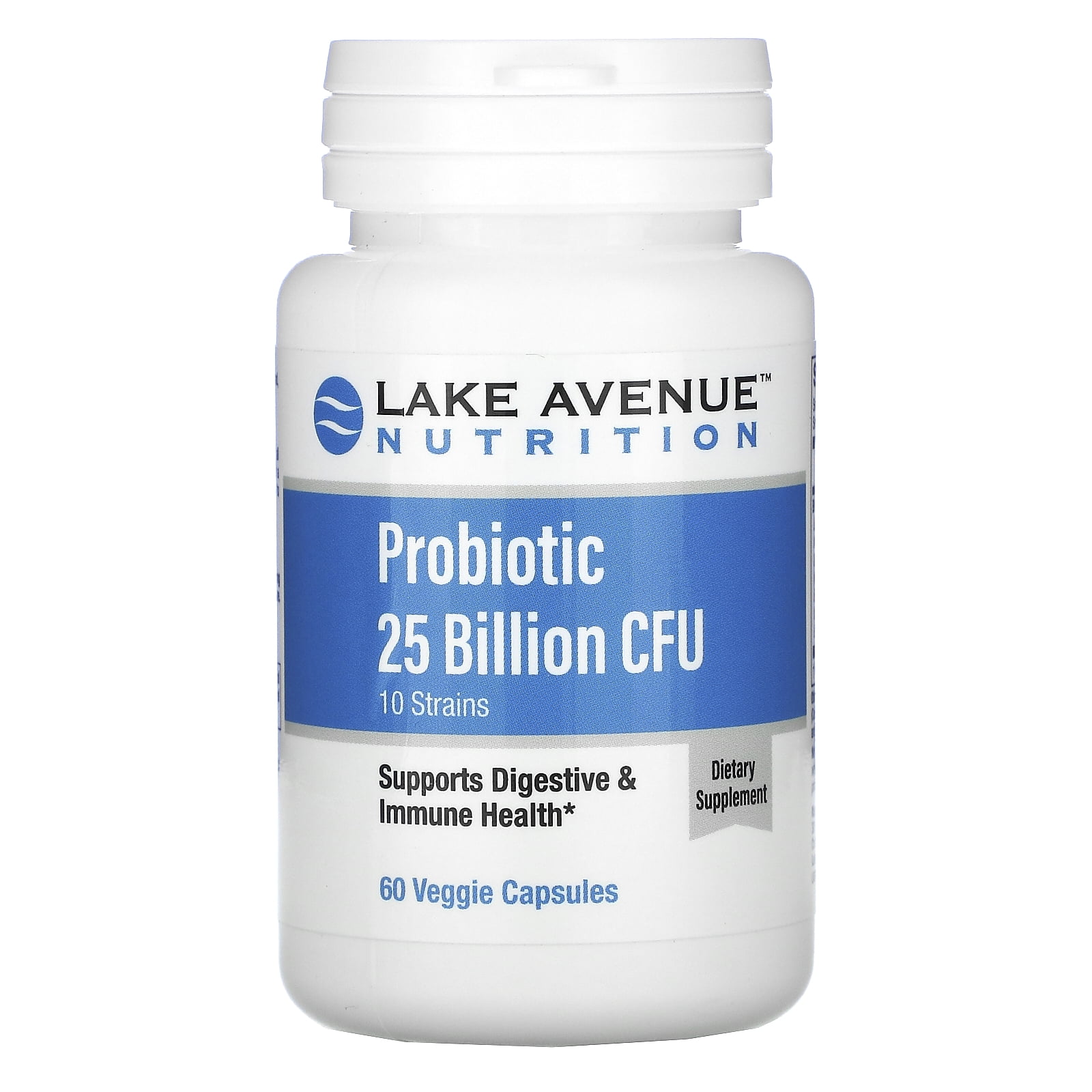 Lake Avenue Lake Avenue Nutrition, Probiotics, 10 Strain Blend, 25 Billion CFU, 60 Veggie Capsules supplement bottle