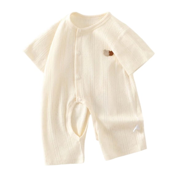 Krdevn Baby Short-Sleeve Jacquard Romper, Summer Thin Onesie with Front Snap Buttons & Bear Embroidery, Comfortable Crawling Suit,0-2 Months