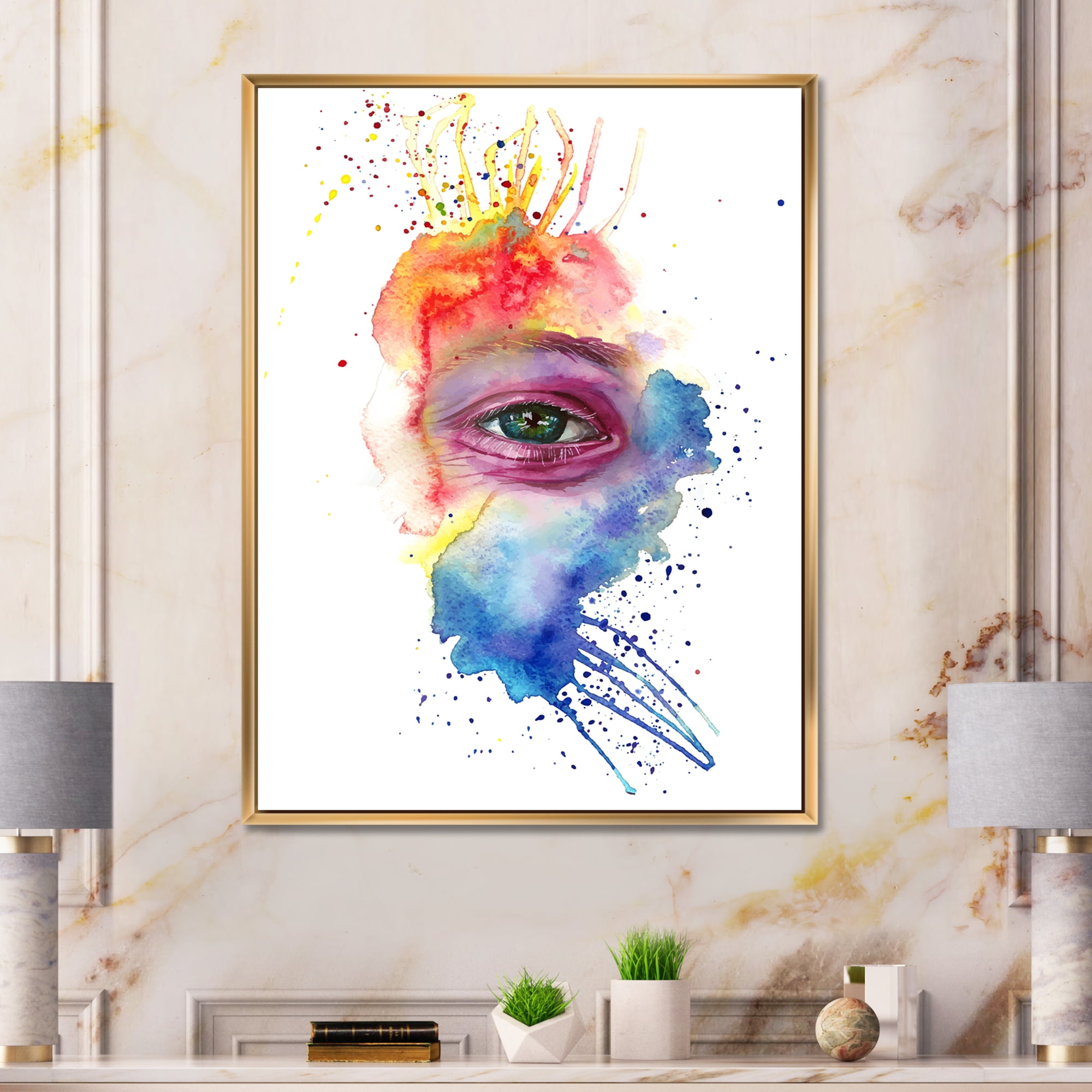 Designart 'Detail of Eye In Rainbow-Colored Face Portrait' Bohemian & Eclectic Framed Canvas Wall Art Print