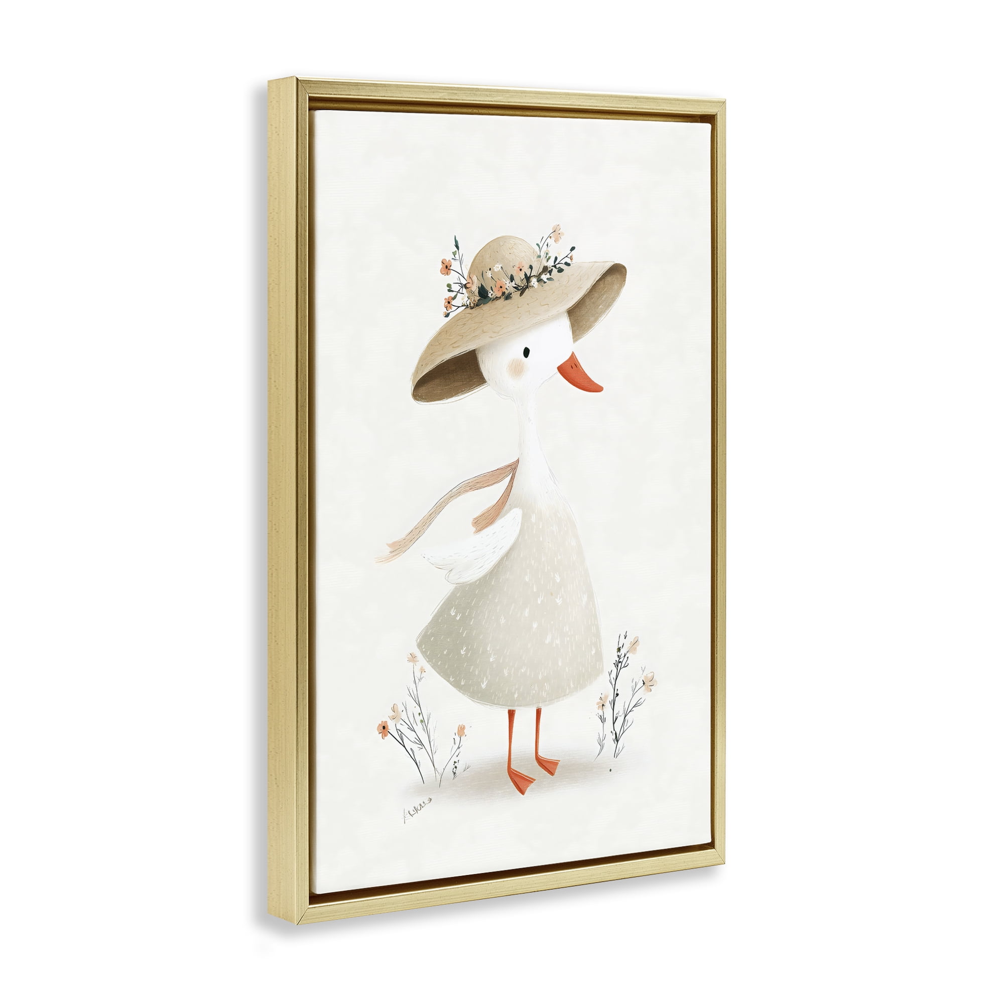 Stupell Industries Charming Goose in Sunhat Gold Framed Floater Canvas Wall Art, design by Ink Drop Loft