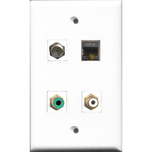 RiteAV 1 Port RCA White and 1 Port RCA Green and 1 Port Coax Cable TV- F-Type and 1 Port Shielded Cat6 Ethernet Wall Plate