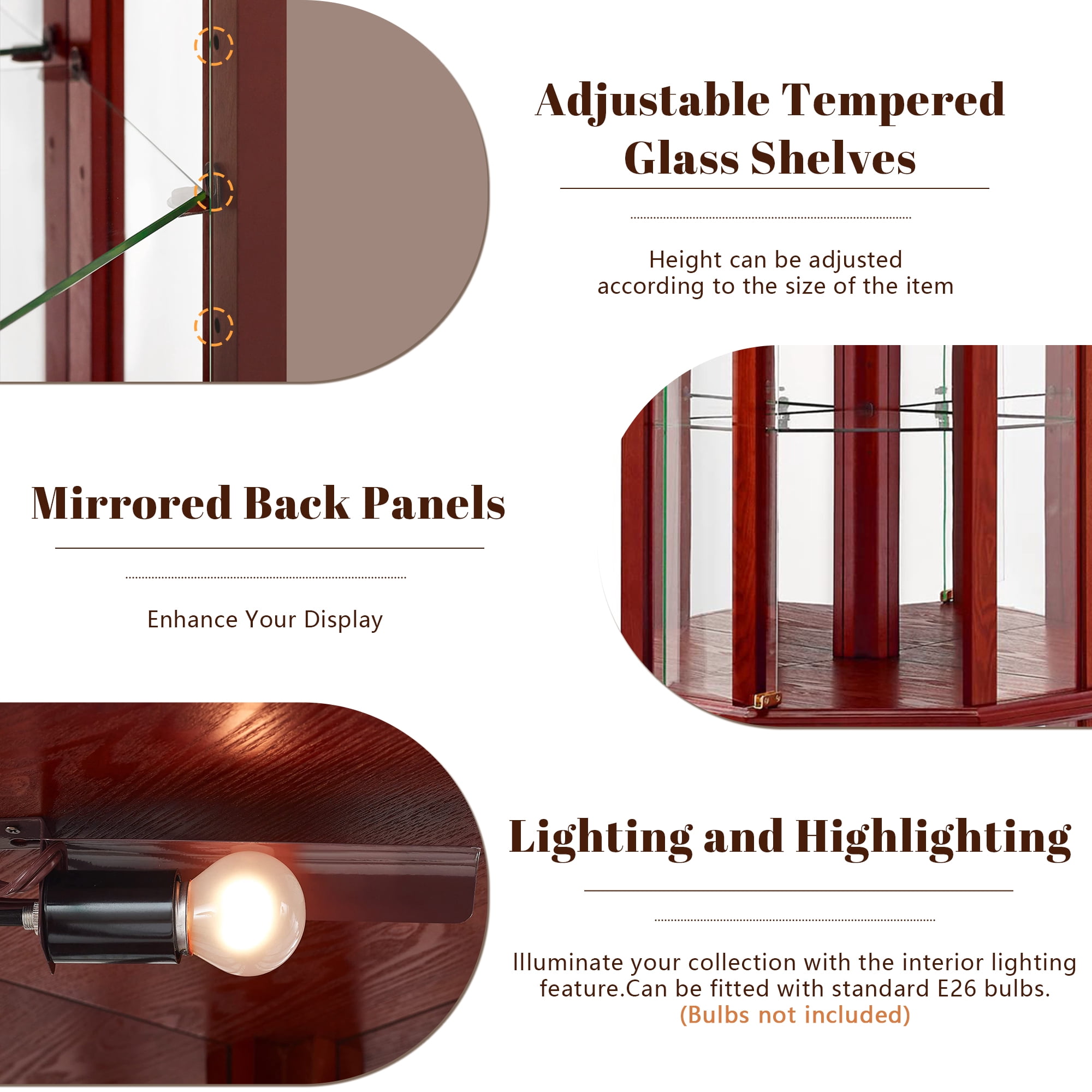 Miniyam 6 Shelf Corner Curio Display Cabinet with Lights, Glass Doors, Cherry
