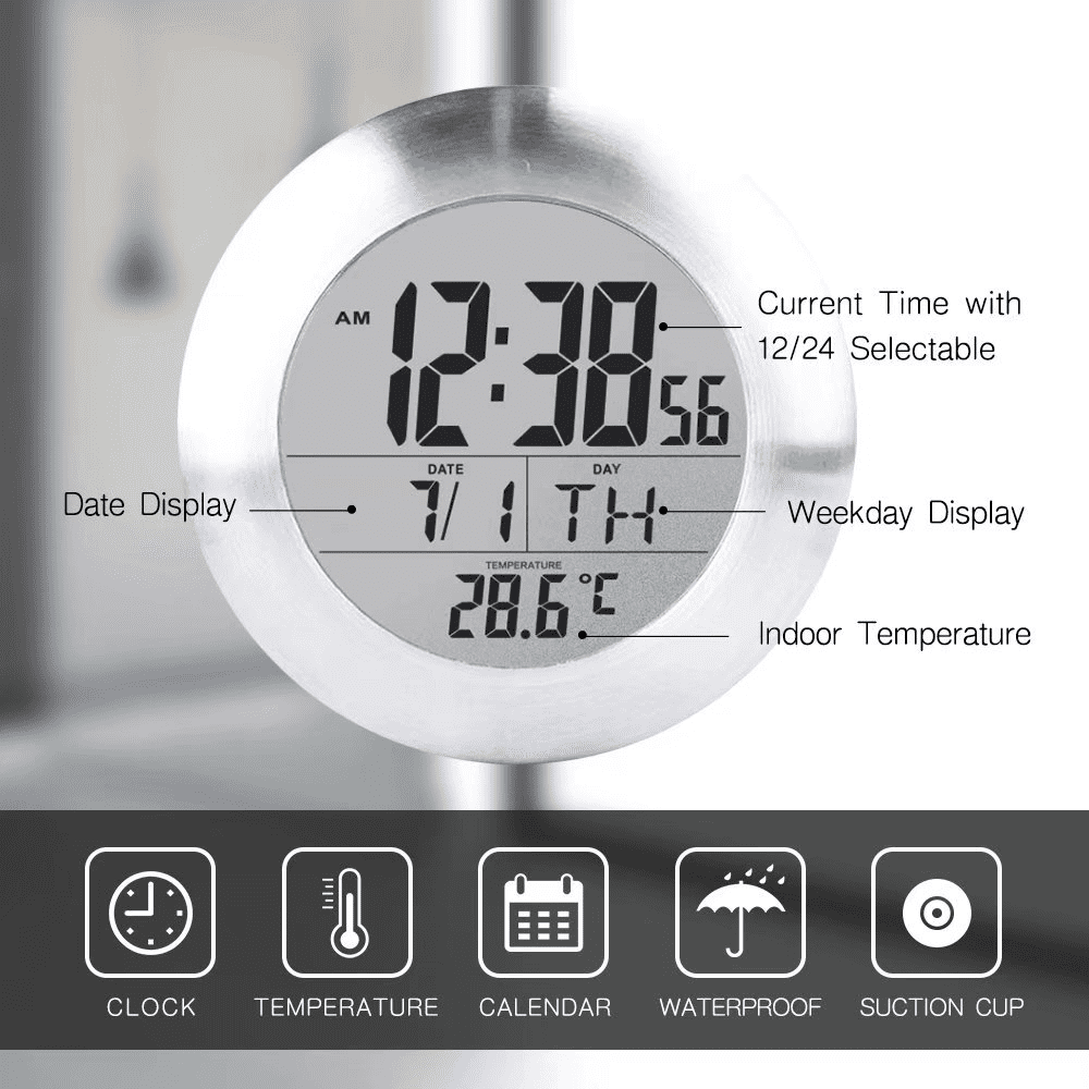 Digital Bathroom Shower Wall Clock, Waterproof Spray, Moisture Proof Meter, Moisture Proof, Large Screen Display, Calendar Month and Date, [4 Strong Suction Cups] Hanging Hole Silver Frame