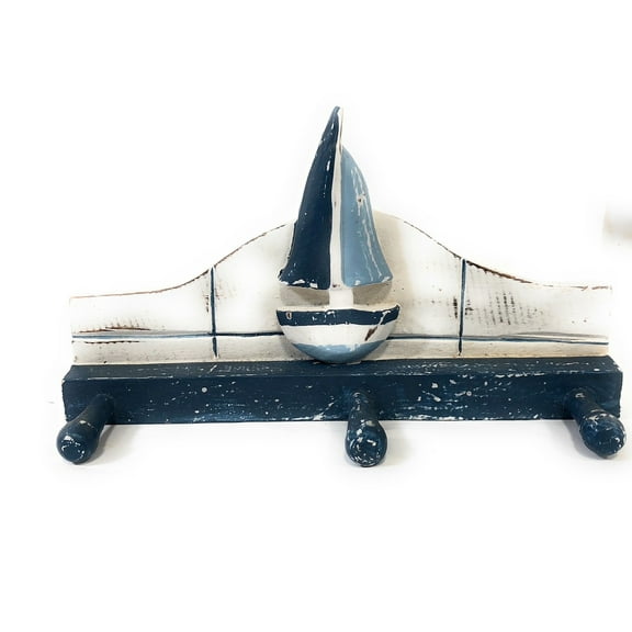 Sailboat Hanger 12" w/ 3 Pegs - Rustic Blue Nautical Accent | #ORT1700328B