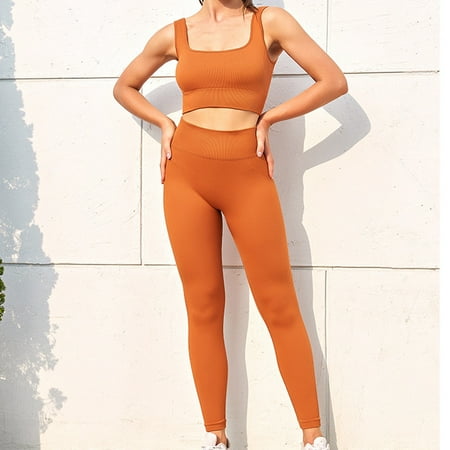 Joau Women s 2 Piece Workout Outfits Seamless Ribbed Knit Scoop Neck Sports Bra Crop Tank Top with High Waist Leggings Sports Exercise Yoga Gym Active Set