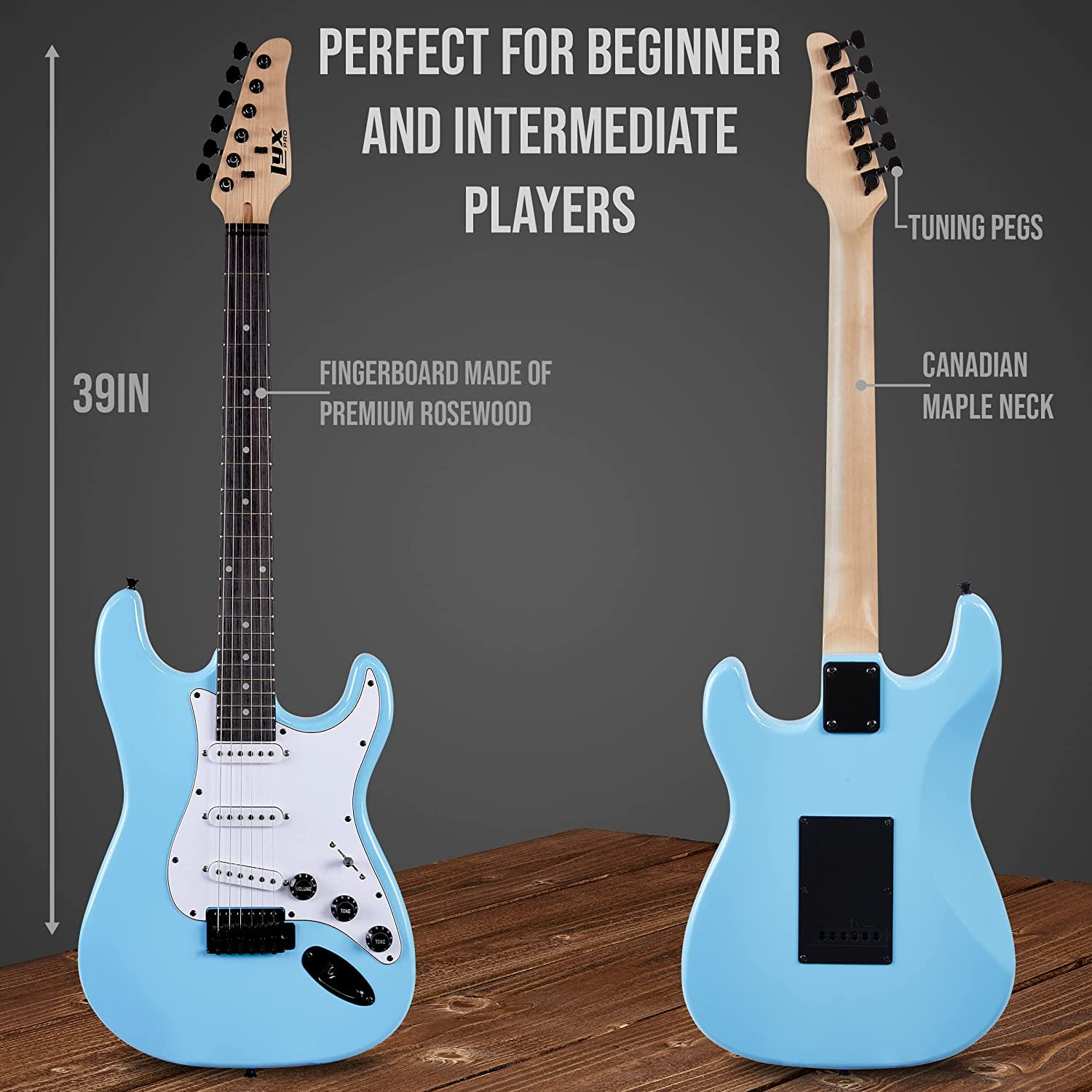 LyxPro Electric Guitar 39 Inch Beginner Kit w/ 20W Amp, Accessories - Retro Blue