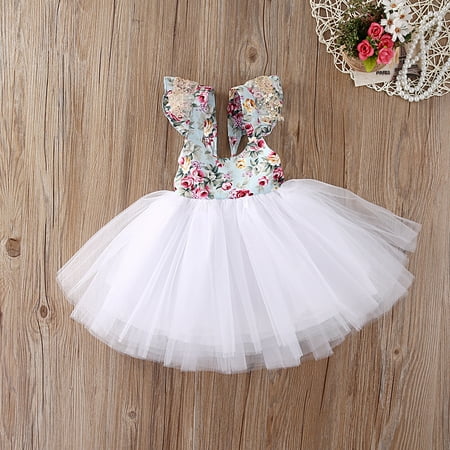 Newborn Toddler Kids Baby Girls Floral Dress Princess Party Dress Tutu Sundress White 4T