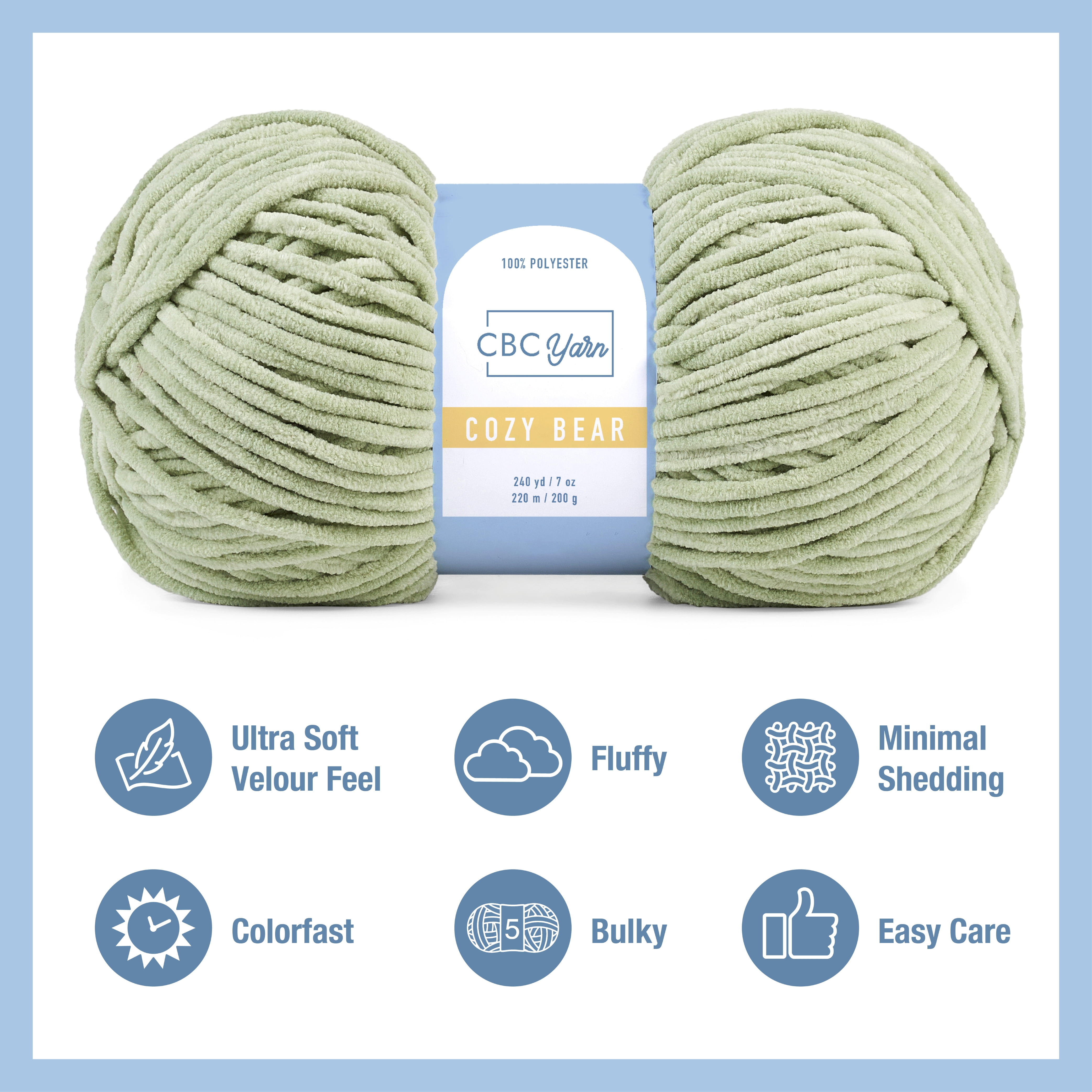 CBC Cozy Bear Gauge 5 Bulky Yarn - 2 Pack (7 oz / 200 g, 240 yards Each Skein), Sage, Chenille Yarn for Crocheting, Knitting, and Amigurumi