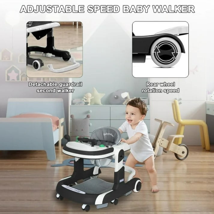 LHUAI 5-in-1 Baby Walker With Bouncer, Removable Footrest, Feeding Tray & Music, Foldable & Adjustable Activity Walker For Boys And Girls, Toddler Infant, Black