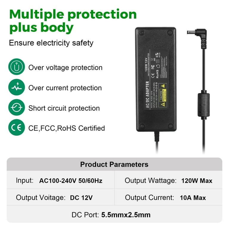 12V 10A Power Suppy, COOLM AC 100-240V to DC 12V 10A Switching Power Supply  Adapter Charger 5.5mm x 2.5mm DC Plug for LED Strips Lighting CCTV Camera