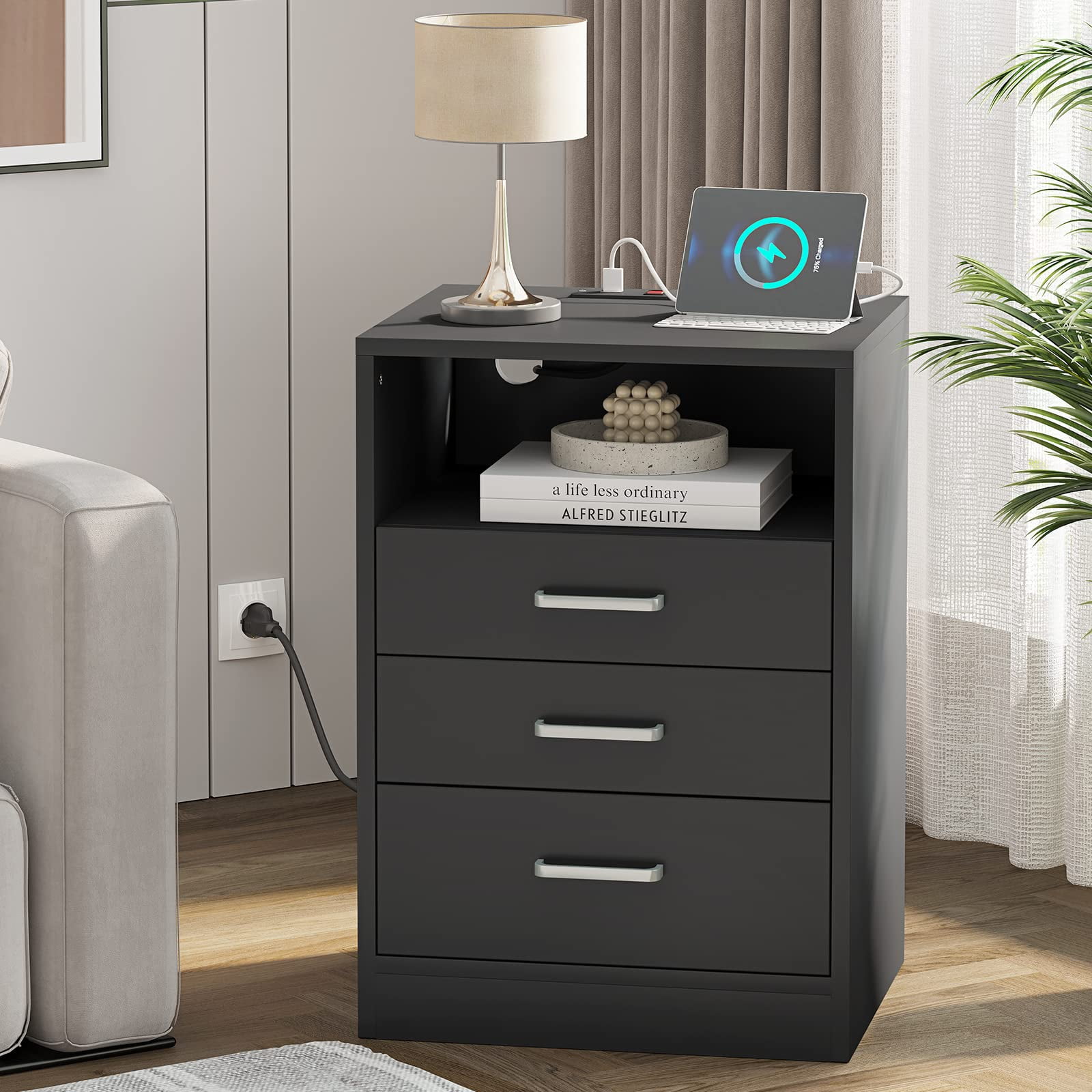 Nightstand with Drawers and Charging Station,Night Stands for Bedroom