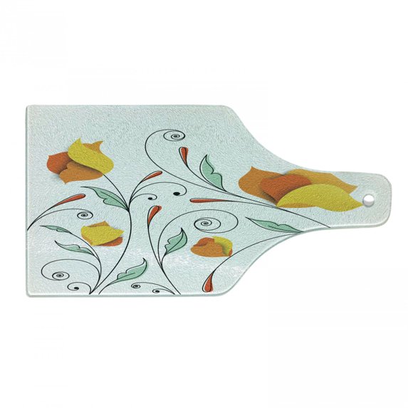 Floral Cutting Board, Bouquet with Swirled Branches Romantic Paper Flowers Origami Autumn Blooms Image, Tempered Glass Cutting and Serving Board, Wine Bottle Shape, Mint Orange, by Ambesonne