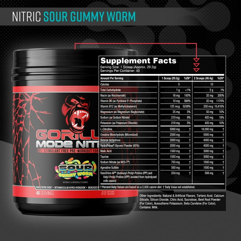 gorilla mode ar l-carnitine l-tartrate 750 mg label Gorilla Mode Nitric Pre-Workout Powder, Sour Gummy Worms, 1.78 lbs