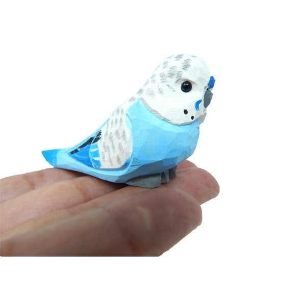Blue Parakeet Wood Figurine Budgie Bird Statue Sculpture Decor Miniature Art Carve Small Animal