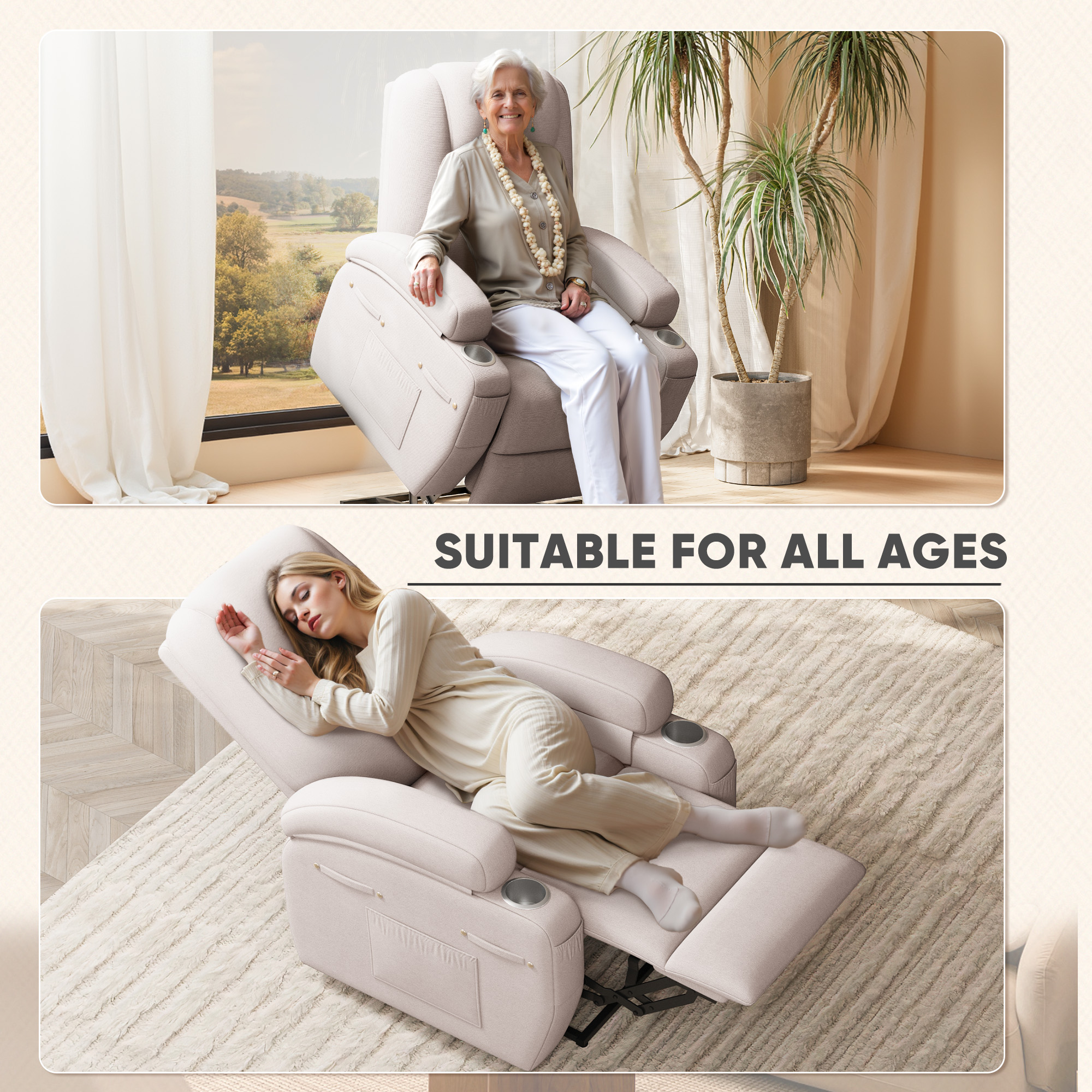 Homall Power Lift Recliner with Eight Vibrating Massages Ergonomic Single Sofa with Side Pocket for Elderly,Beige
