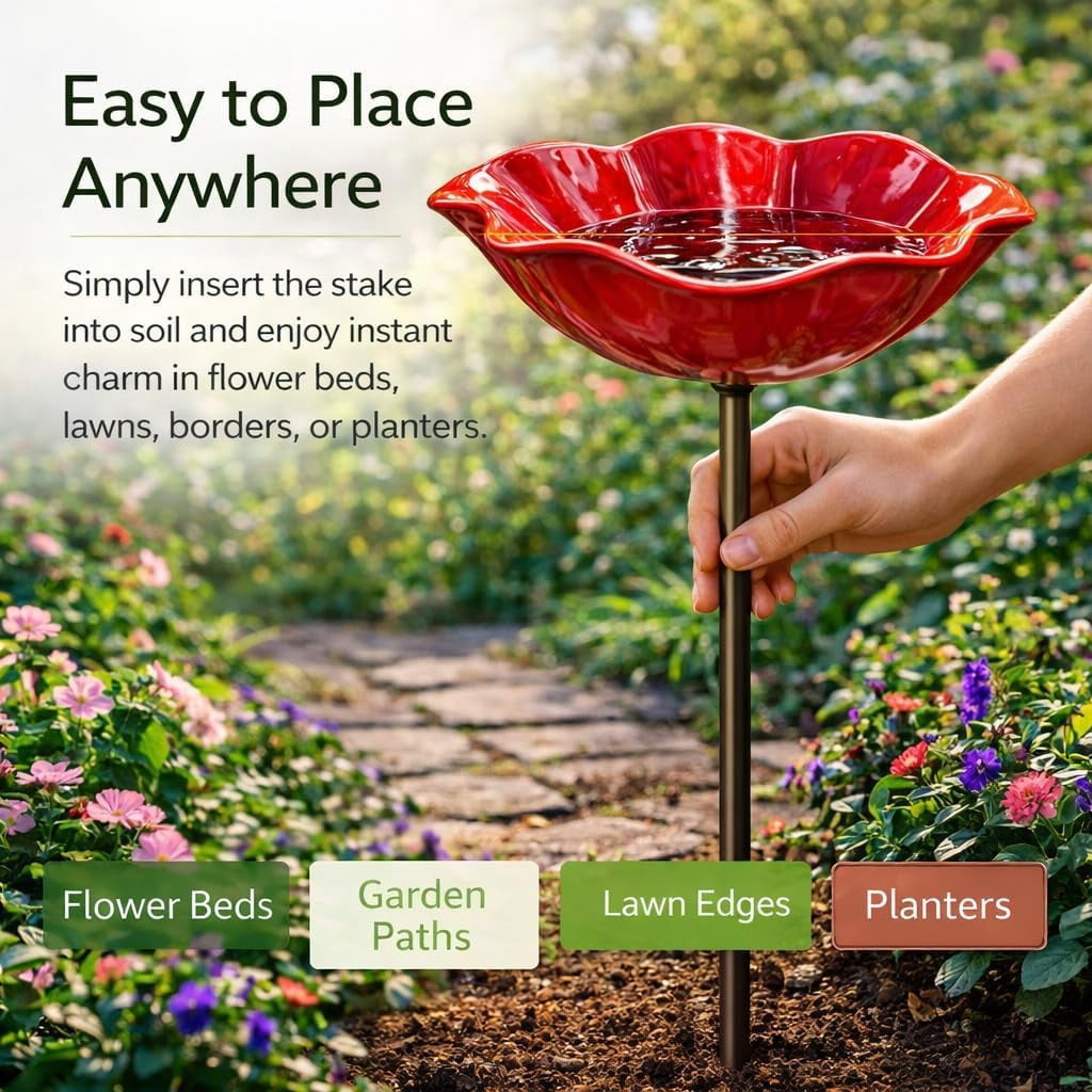 Handmade Metal Flower Garden Stake, with Bee Bath & Bird Water Bowl Decorative Outdoor Yard Art, Butterfly & Pollinator Watering Station, Weather-Resistant Decor Gift