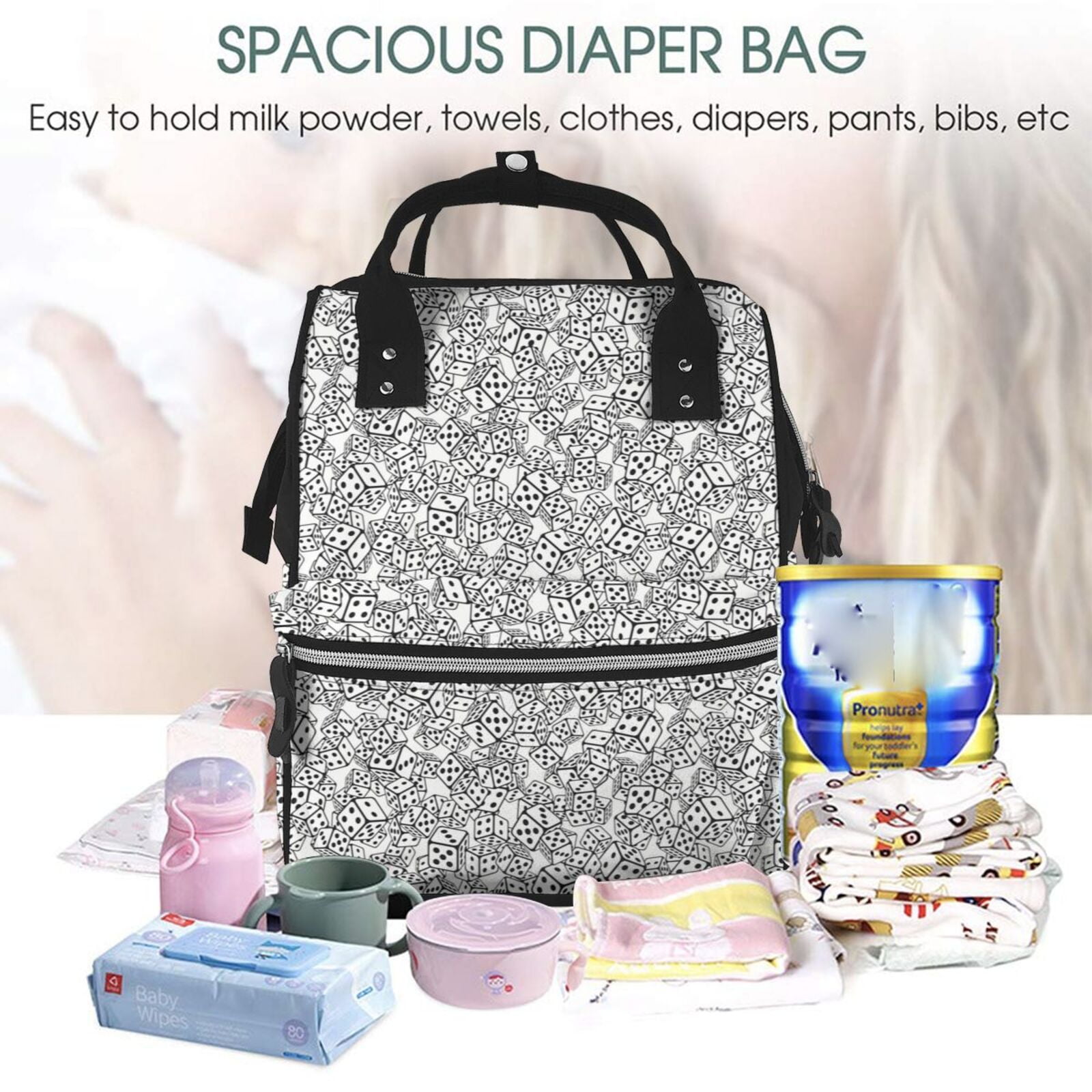 Ratiio Dice Cubes Mummy Backpack - Waterproof Twill Canvas, Large Capacity Diaper Bag with Multiple Pockets and Adjustable Straps