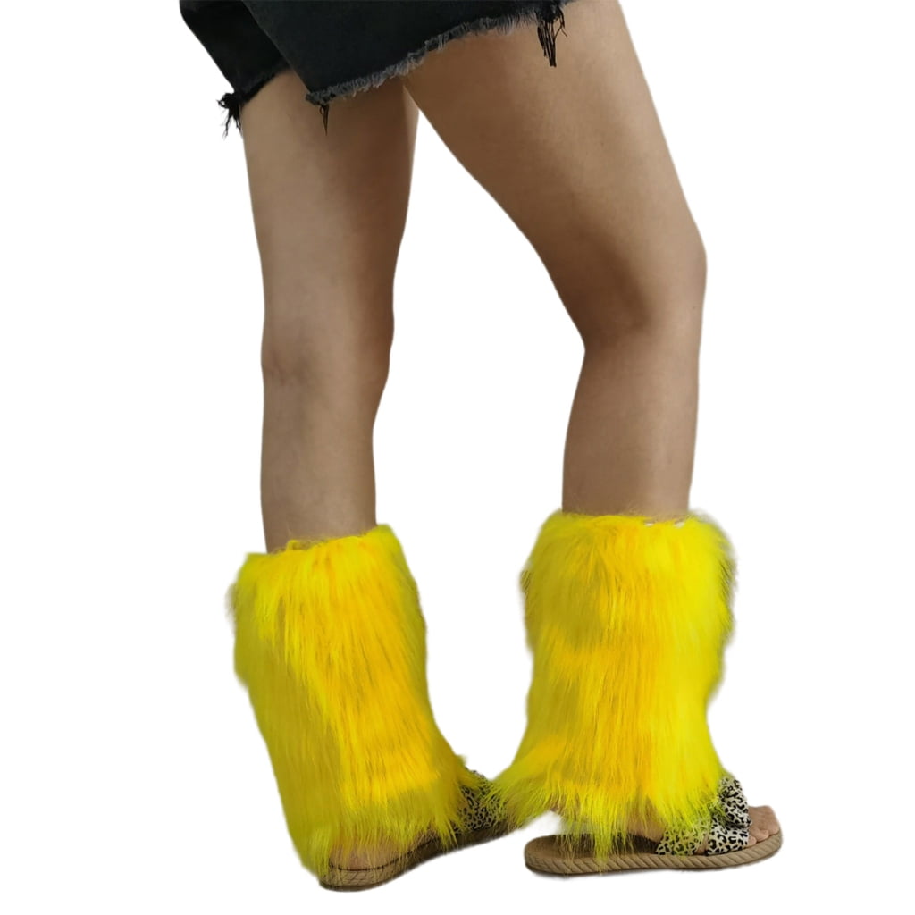 YELLO　BUNNY FAUX FUR MULES & LEG WARMERS Womens Yellow Furry Fluffy Fuzzy Monster Leg Warmers for Club and