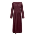 thumbnail image 3 of Dresses For Women 2023 Casual Loose Solid Color Cotton And Linen Irregular Stitching Round Neck Long Sleeve Large Swing With Pocket Pink Dress For Women, 3 of 5