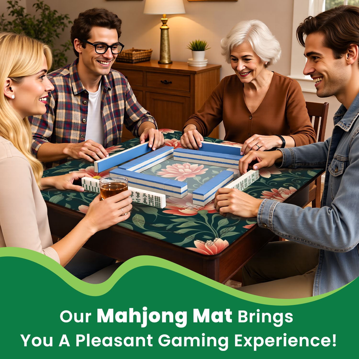 Mahjong Mat 31.5" x 31.5" Floral Peach Coral Blossoms Dark Green Non-Slip Noise Reduction American Mahjong Tiles Table Cover for Dominoes Poker Card Board Games Gift