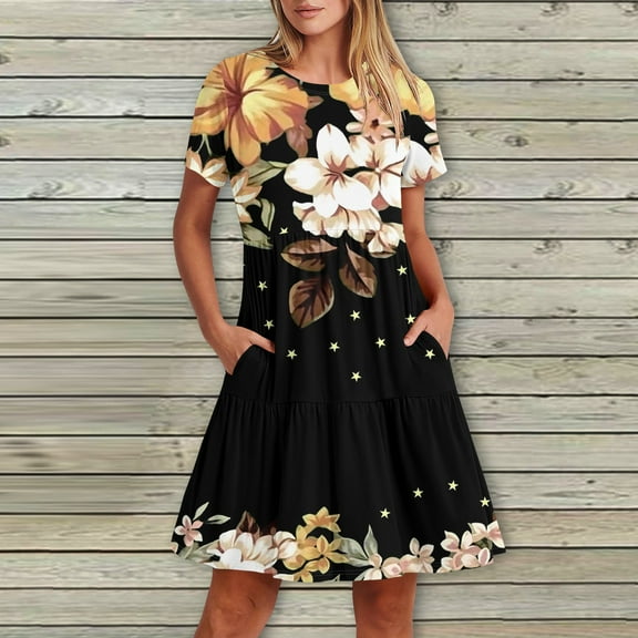 kytmyeq Women's Casual Fashion Round Neck Short Sleeve Printed Midi Dress With Pocket