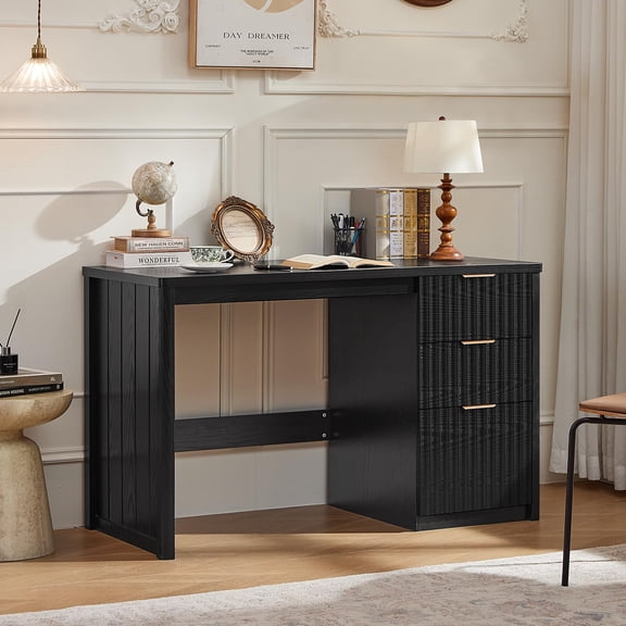 48 Modern Fluted Executive Desk with 3 Drawers, Black Computer Table for