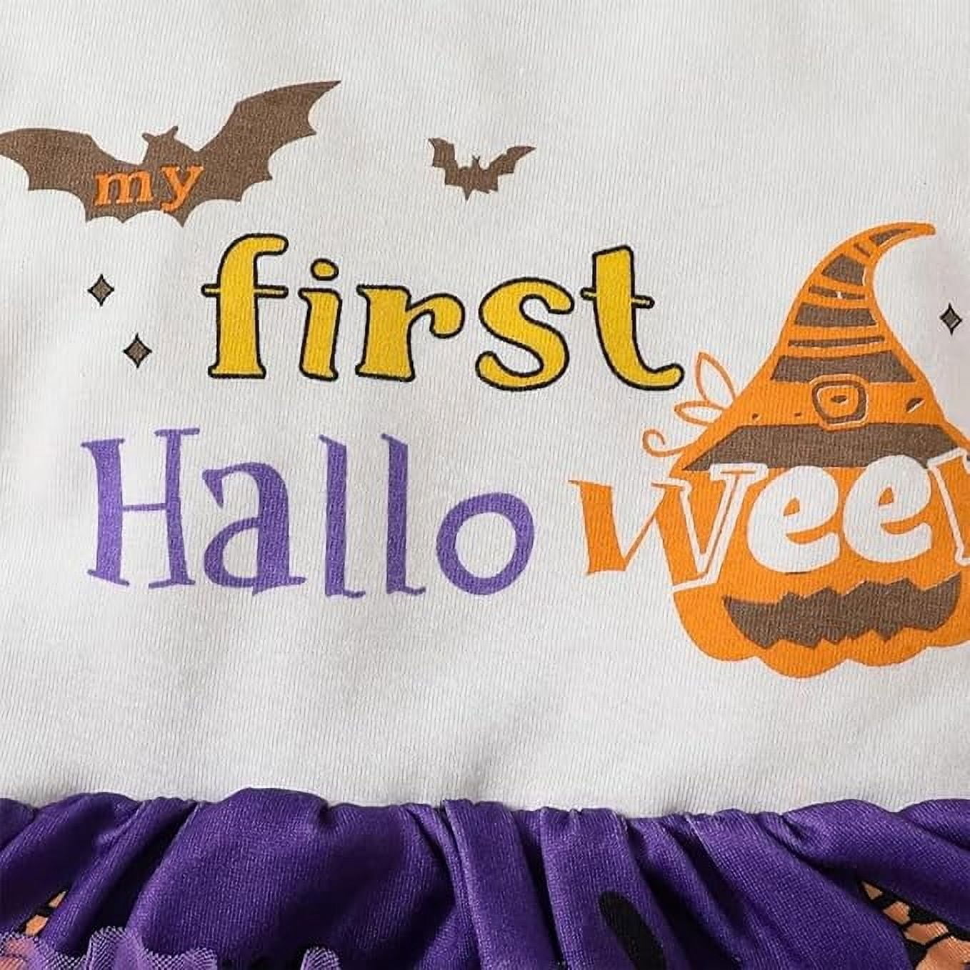 stylesilove Baby Girls My 1st Halloween White Spooky Long Sleeve Romper Dress with Purple Leg Warmers, and Bow Headband 4pcs Outfit (9 Months)