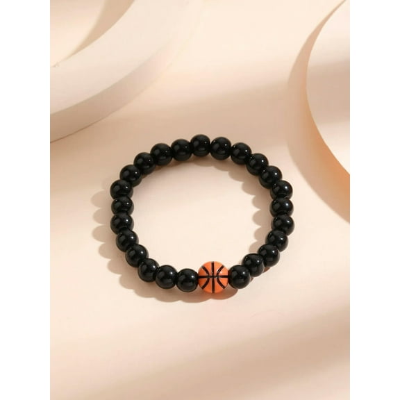 EOEMY Basketball Decor Stone Black Beaded Bracelet For Women Men Stretchy Stackable-Default