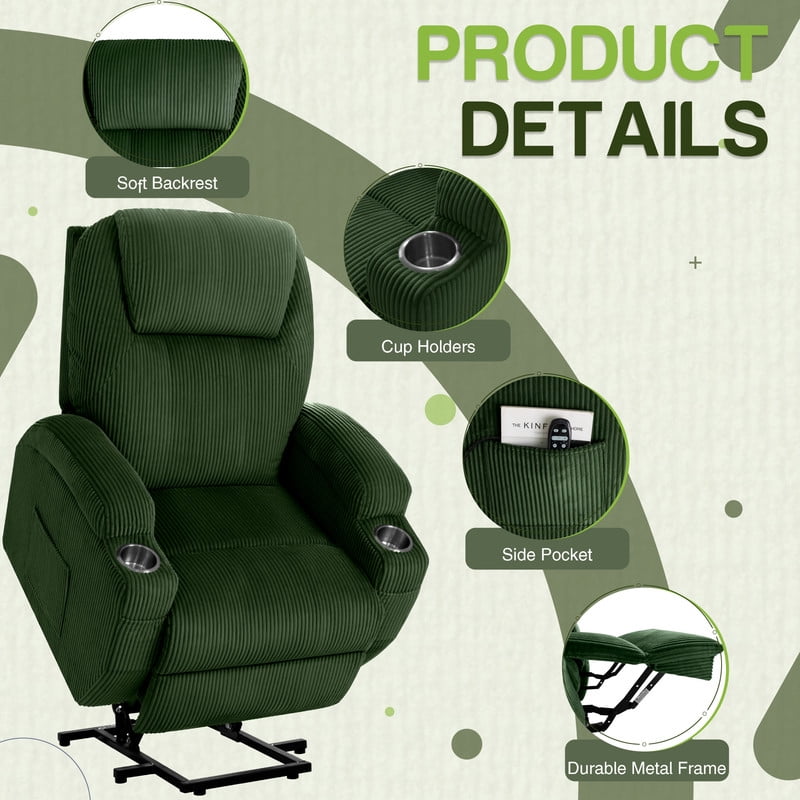 Furmax Electric Power Lift Recliner Soft Corduroy Chair Sofa with with 8 Vibrating Massages Ergonomic Lounge Chair with 2 Cup Holders and Side Pocket,Green