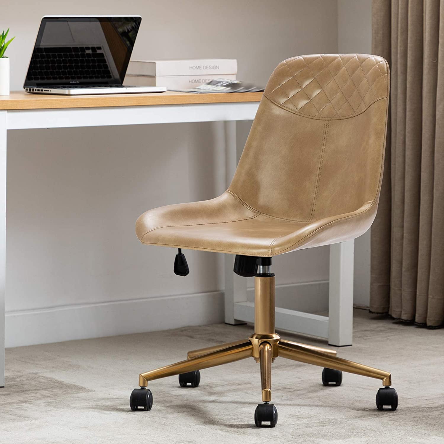 Duhome Office Desk Chair Faux Leather Swivel Computer Chair Task Chair Adjustable with Gold Base, Camel