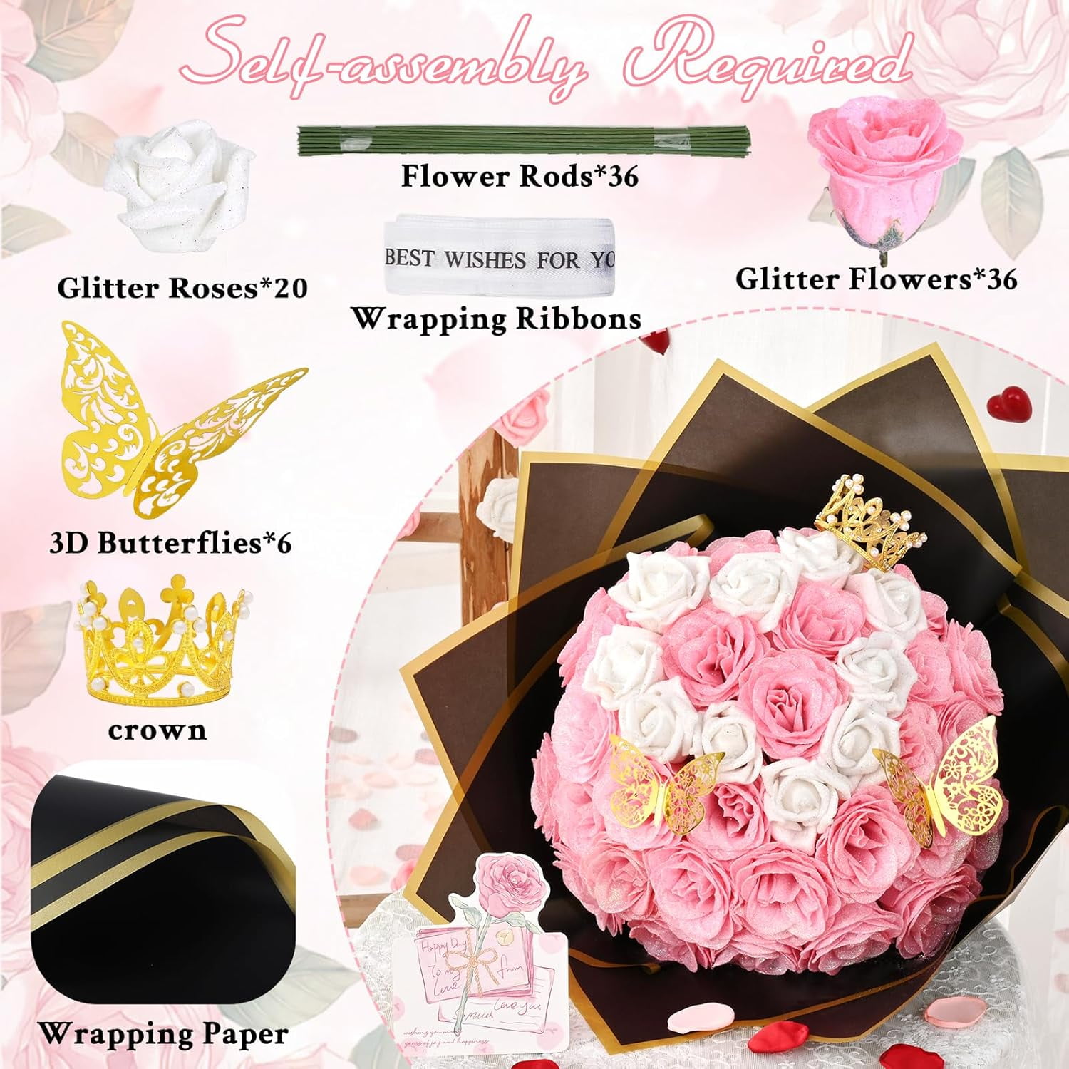 Waipfaru Pink Glitter Roses Bouquet,56pcs Artificial Roses Flowers,DIY Glitter Everlasting Rose Bouquet with Stem for Valentine's Day Anniversary(36 Pink&20 White)