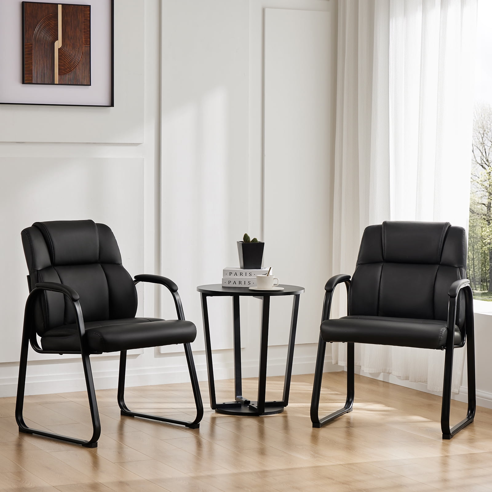 MAYEERTY Guest Chair, Reception Chair with Fixed PU Leather Padded Armrests for Office Waiting Room, Black, 1 Pack